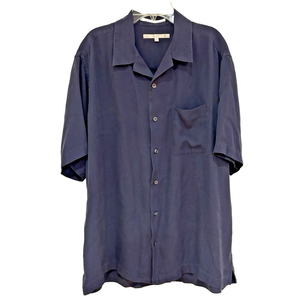 Perry Ellis Shirt Mens Large Vintage Y2K 100% Silk Short Sleeve Camp Indigo Blue